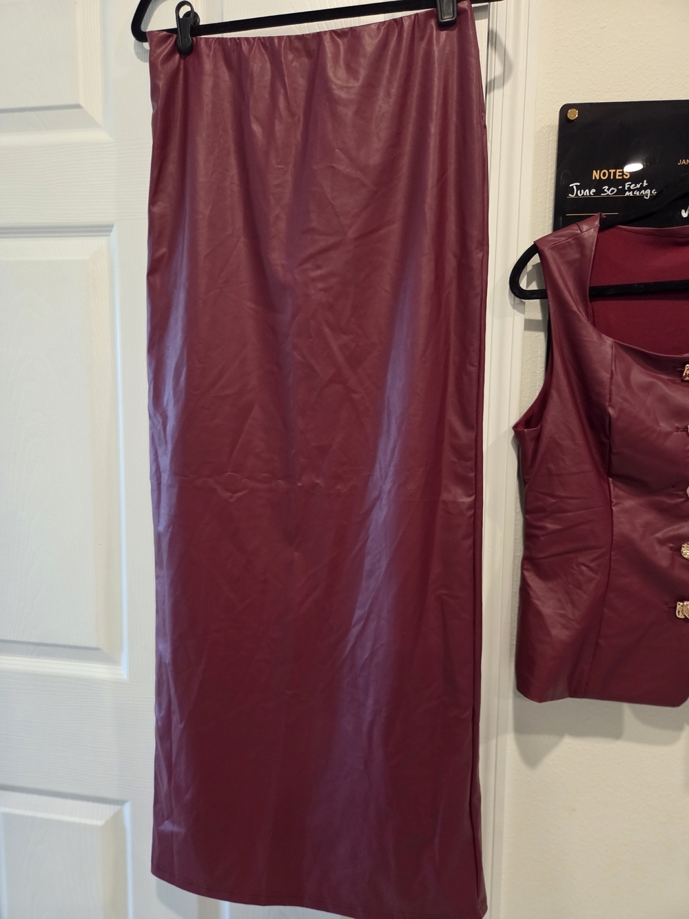 Faux Leather Burgundy Maxi Skirt Set with Buttoned Top - Picture 4 of 7